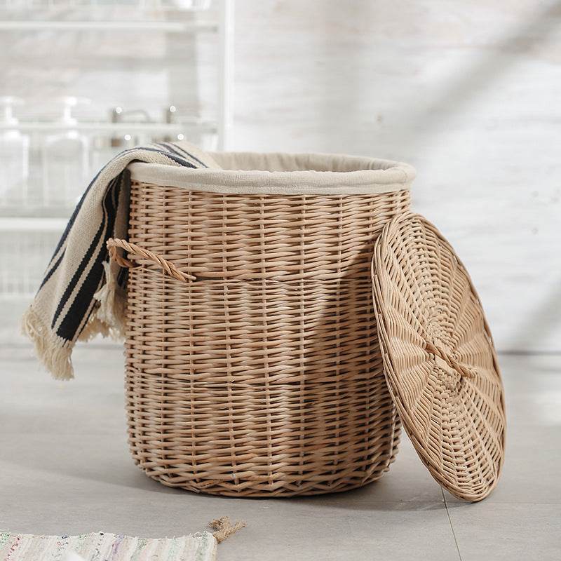 Woven Round Laundry Hamper Storage With Lid - Mubimart