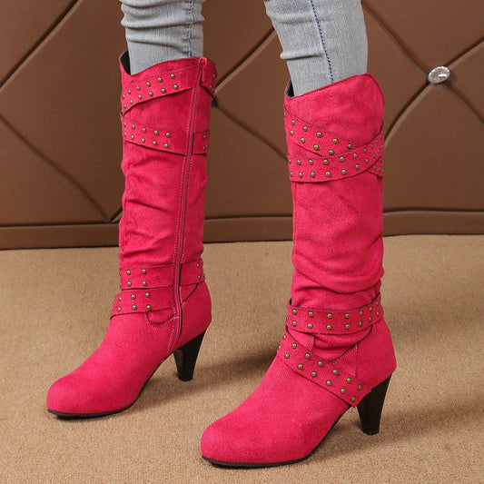 Fashion High Heel Boots With Cross-strap Rivet Design Retro V-cut Western Cowboy Boot Casual Zipper Shoes For Women - Mubimart