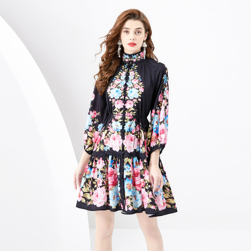 French Retro Printed Formal Dress - Mubimart - Plus Size Formal Dress 