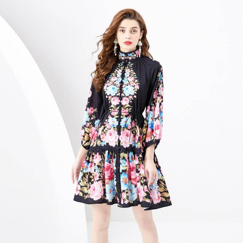 French Retro Printed Formal Dress - Mubimart