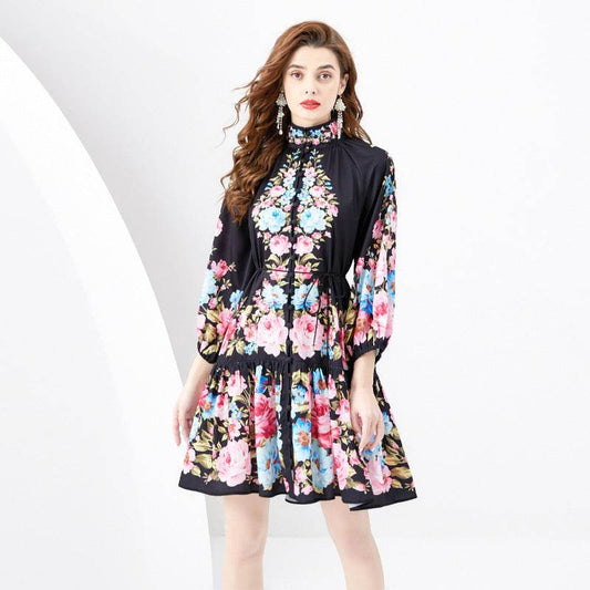 French Retro Printed Formal Dress - Mubimart