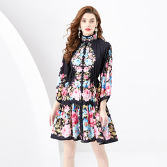 French Retro Printed Formal Dress - Mubimart - Plus Size Formal Dress 