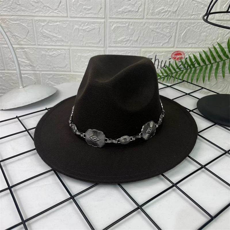 Hat Silver Square Chain Top Hat Wide Brim Flat Edge Woolen Fedora Hat - Mubimart