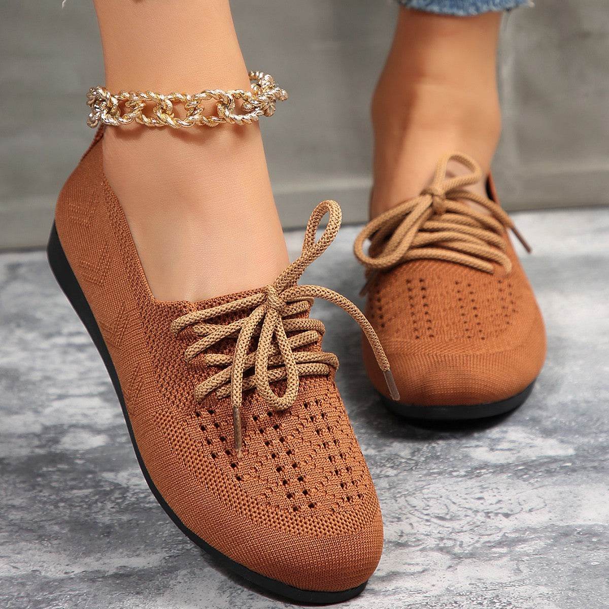 Lace-up Flats Women Fashion Breathable Lazy Mesh Shoes - Mubimart