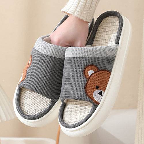 Cute Cartoon Bear Linen Slippers For Women Indoor Non-slip Sweat-absorbent Breathable Slip On Floor Bedroom Slipper House Shoes - Mubimart