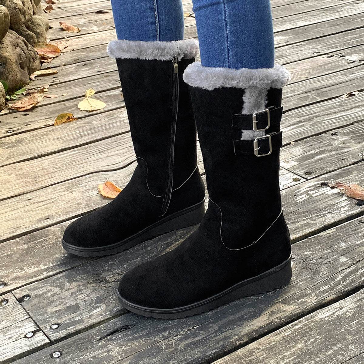 Fleece-lined Thick Mid-calf Martin Boots Wedge Heel - Mubimart