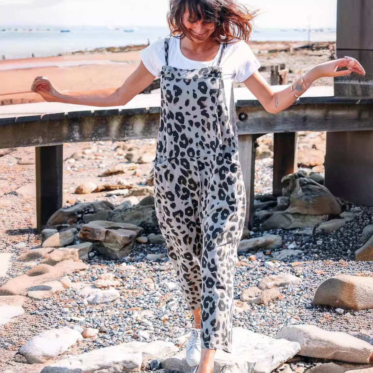 Leopard Print Loose Plus Size All-match Jumpsuit - Mubimart