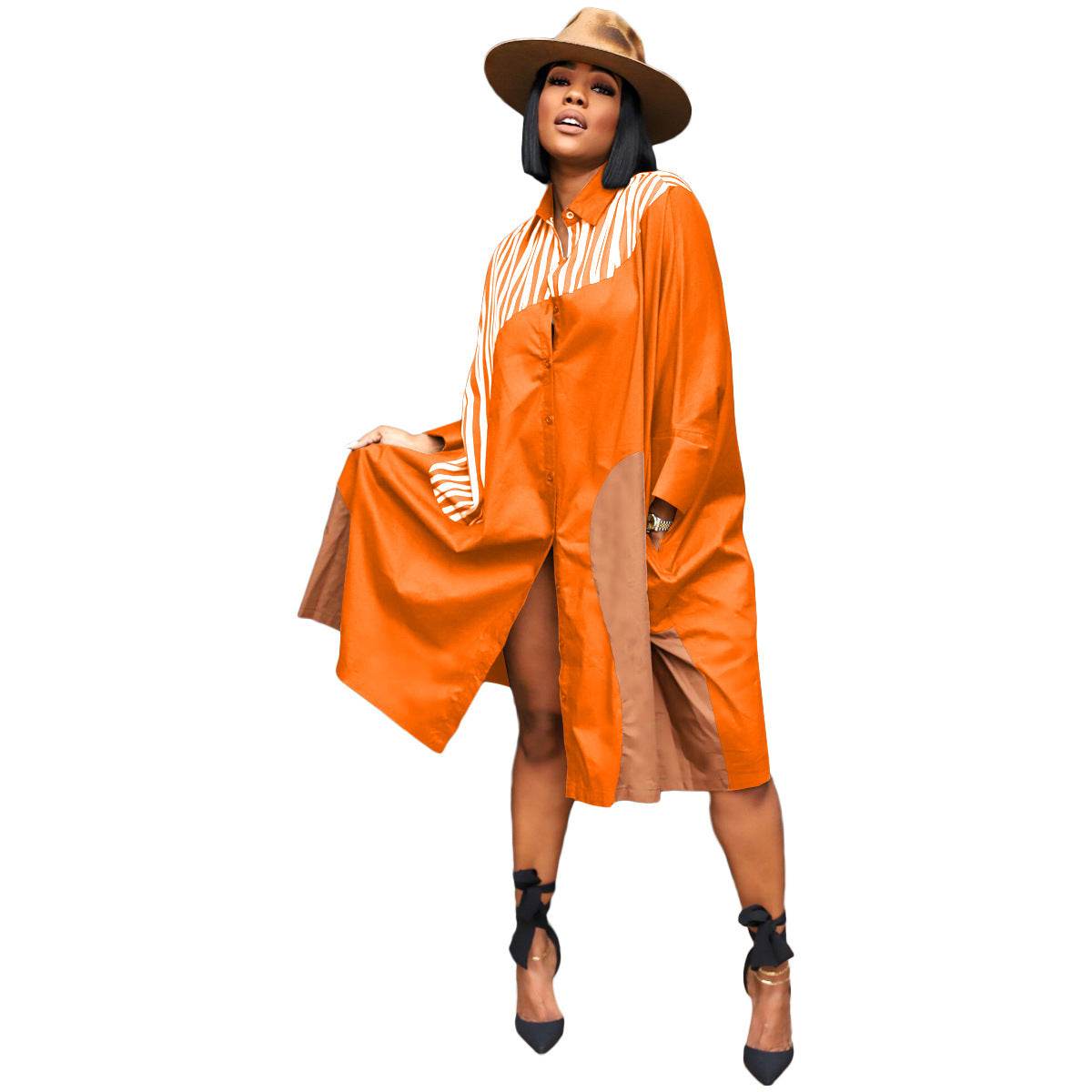 European And American Plus Size Loose Multicolor Batwing Sleeve Shirt Idle Style Dress - Mubimart