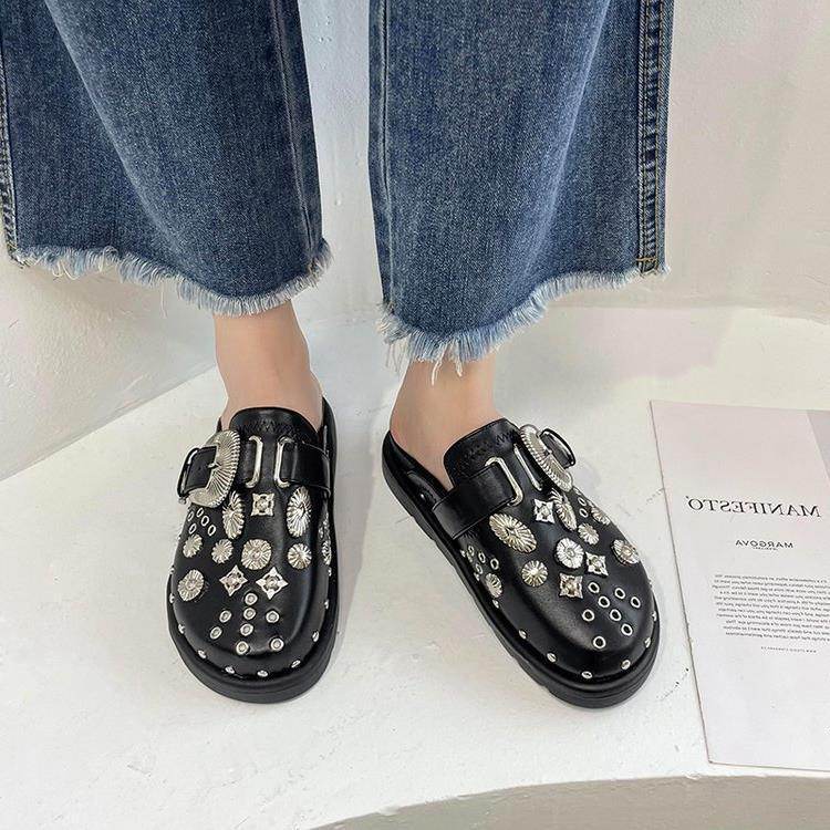 Toe Cap Semi Slipper New British Retro Platform Rivet Flat Shoes - Mubimart