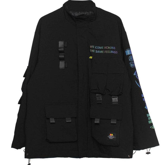 Mens Hooded Dark Functional Wind Letter Reflective Top Coat - Mubimart