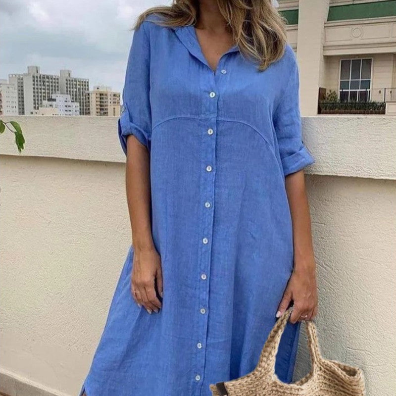 Plus Size Women's Cotton And Linen Shirt Dress - Mubimart - Shirt Dress 