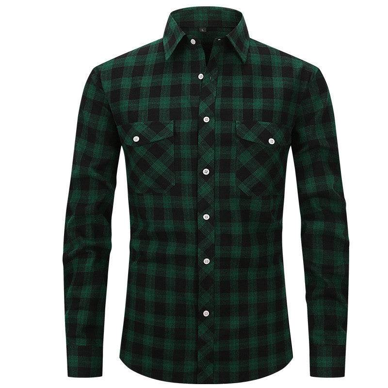 Men's Long Sleeve Double Pocket Flannel Shirt With Brushed Plaid - Mubimart