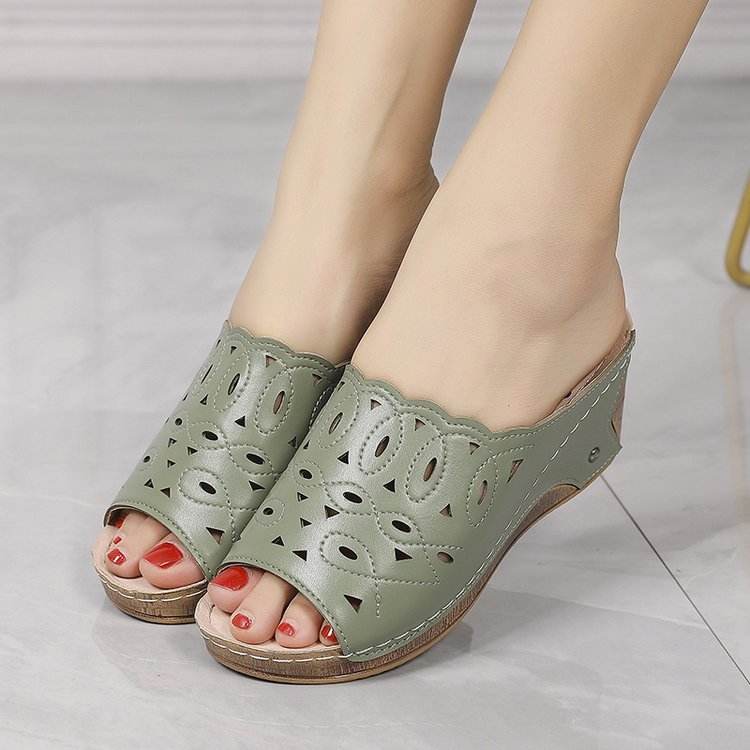 Women's Stylish Peep Toe Slip-on Wedge Sandal - Mubimart