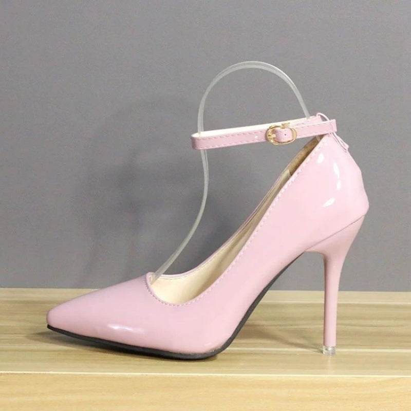 Plus Size One Word Buckle High Heels Female Patent Leather Stilettos - Mubimart