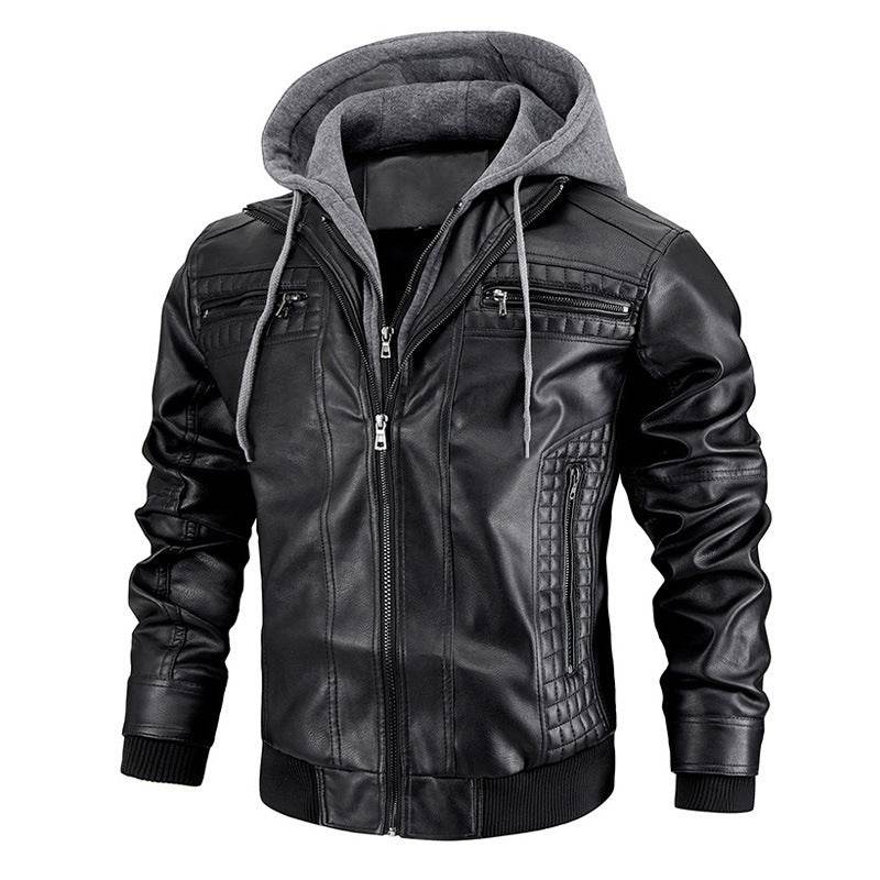 Hooded Jacket With Zipper Pockets Fashion Warm Pu Leather Coat Mens Clothing - Mubimart