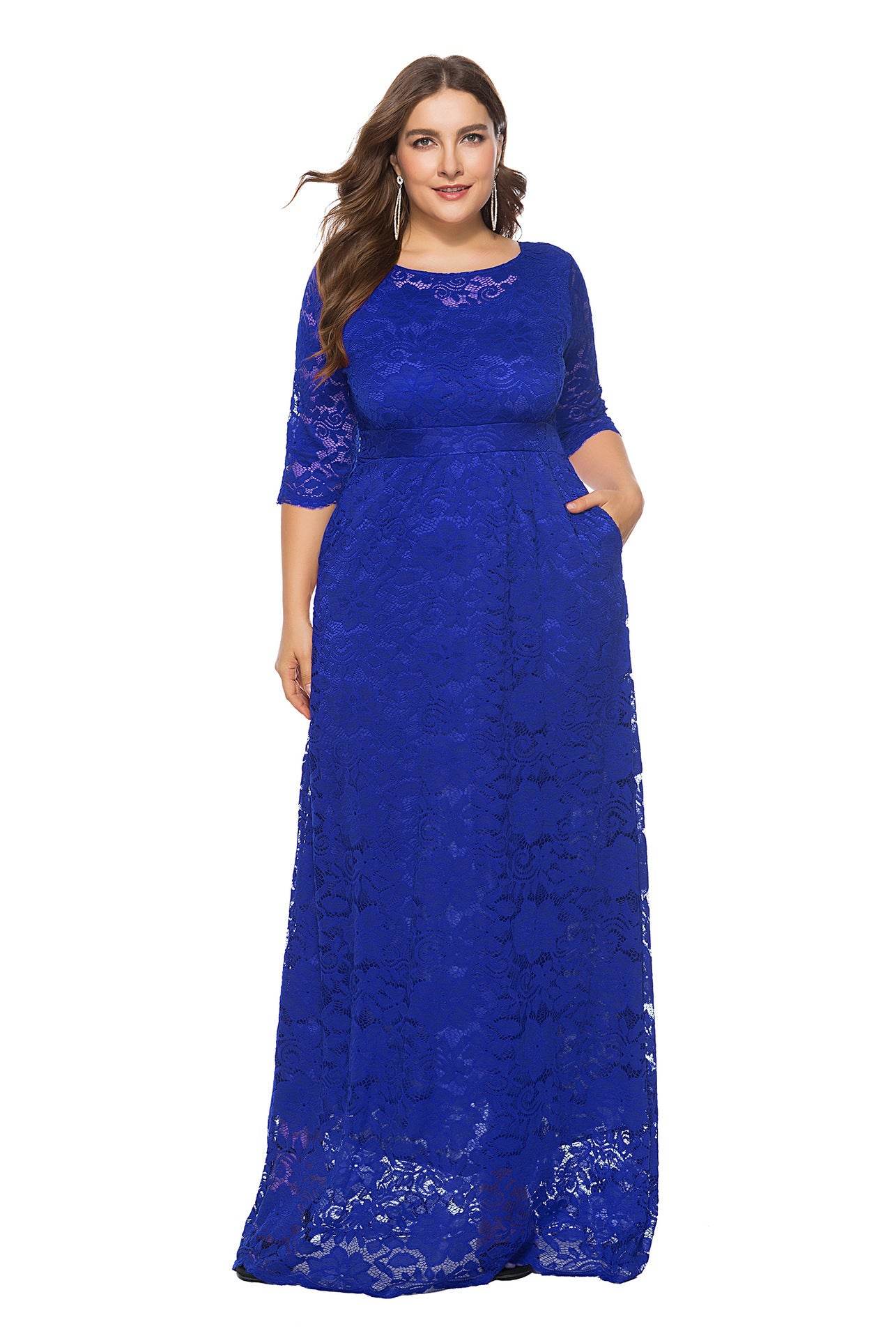 Plus Size Women New Hollow Lace Pocket Dress - Mubimart