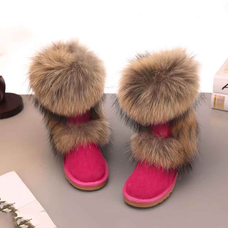 Women's Winter Mid-calf Fox Fur Snow Boots - Mubimart