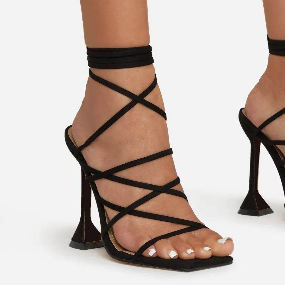 Ankle Strappy Sandals Buckle Stiletto Heel Square Toe Shoes Daily Wedding Pumps - Mubimart