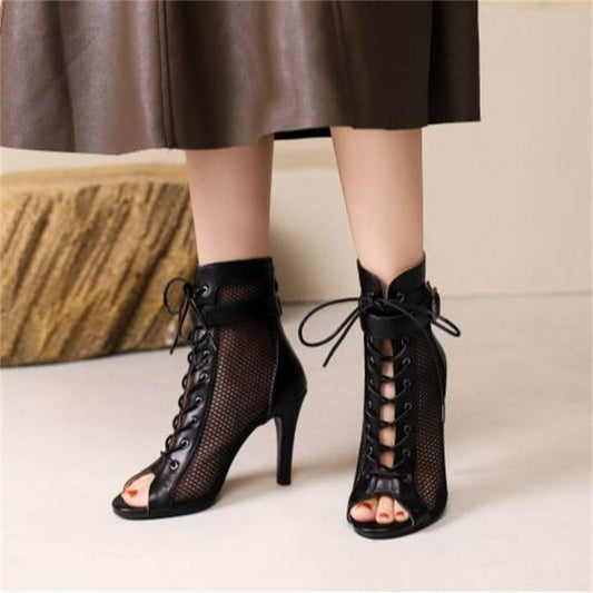 Stylish Peep Toe Hollow Mesh Cross Lace-up Buckle Dance High Heels - Mubimart