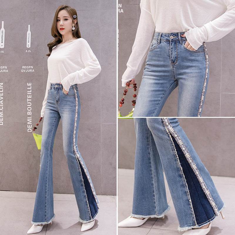 Embroidery Beaded Fashion Flared Pants High Waist Slimming Jeans Women - Mubimart