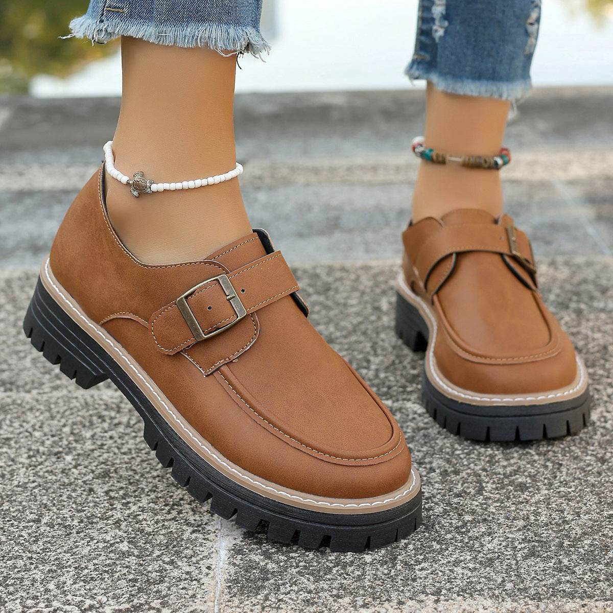 Fashion Buckle Loafers For Women British Style Height-increasing Thick-soled Casual Shoes - Mubimart