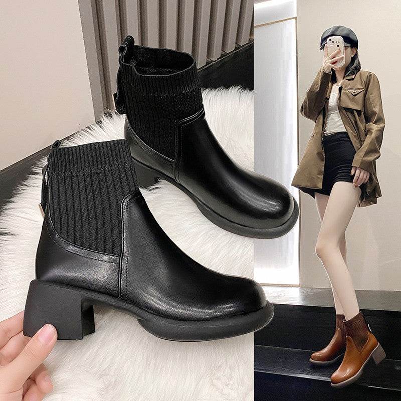 Women's Chunky Heel Square Toe Martin Boots - Mubimart