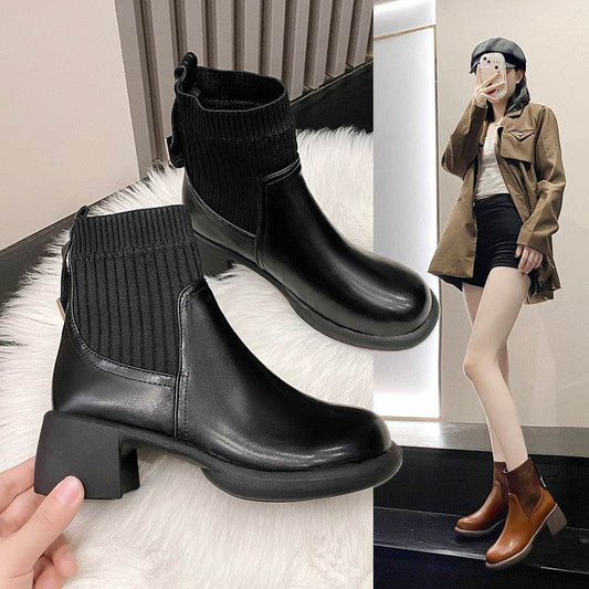 Women's Chunky Heel Square Toe Martin Boots - Mubimart