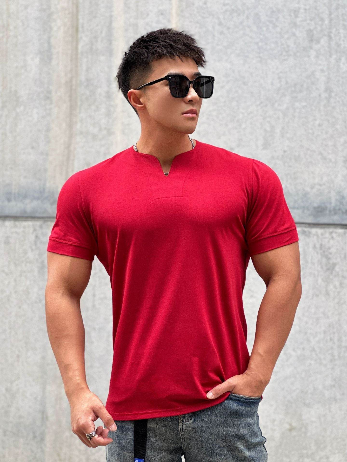 Men's Fashion Loose V-neck Short-sleeved Shirt Workout Exercise T-shirt - Mubimart
