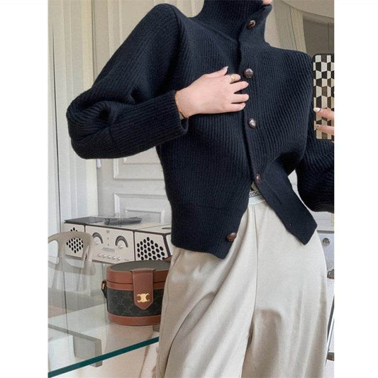 Stand-up Collar Knitted Top Women's Cardigan Loose Long-sleeved Sweater - Mubimart