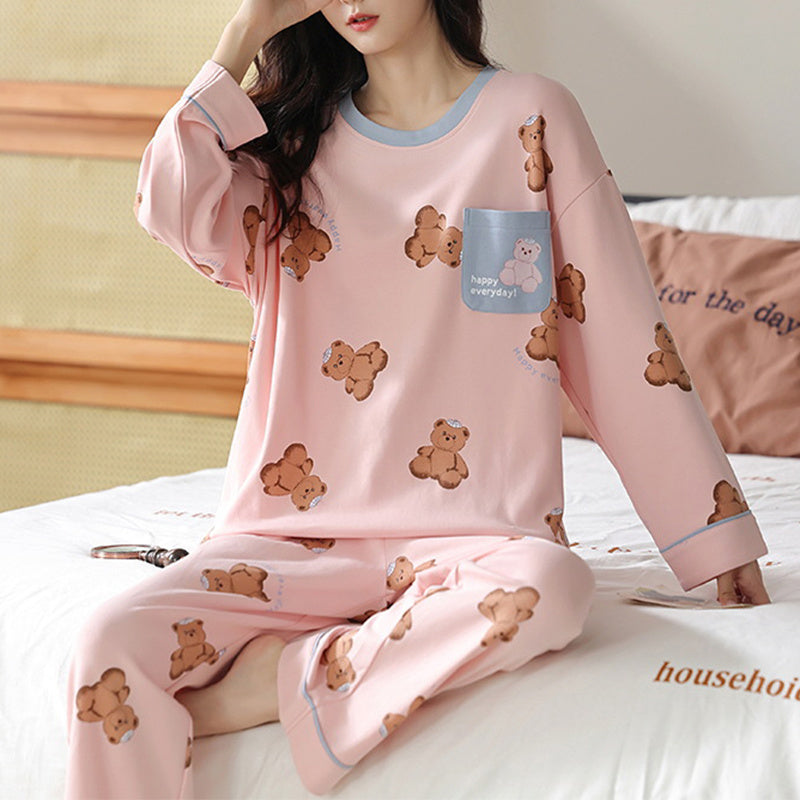 Loose Print Pajamas Women Autumn Winter Pyjama Set Long Sleeves And Trousers Elegant Sleepwear Girl Loungewear Home Clothes - Mubimart - Loungewear 