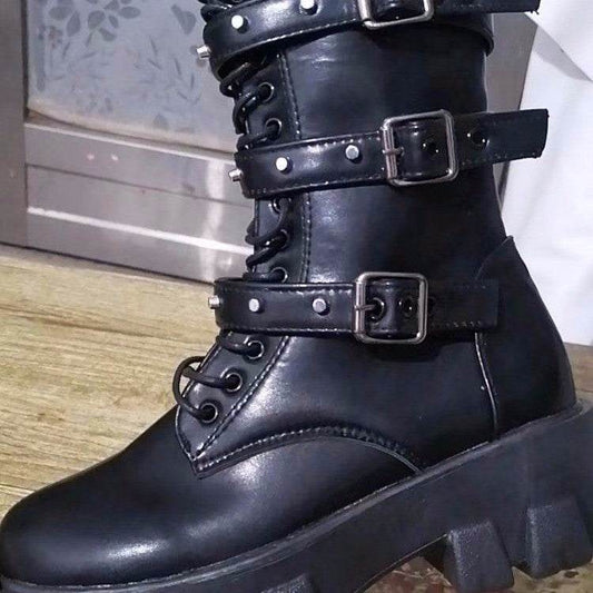 European And American Mid-calf Buckle Knight Boots Women - Mubimart
