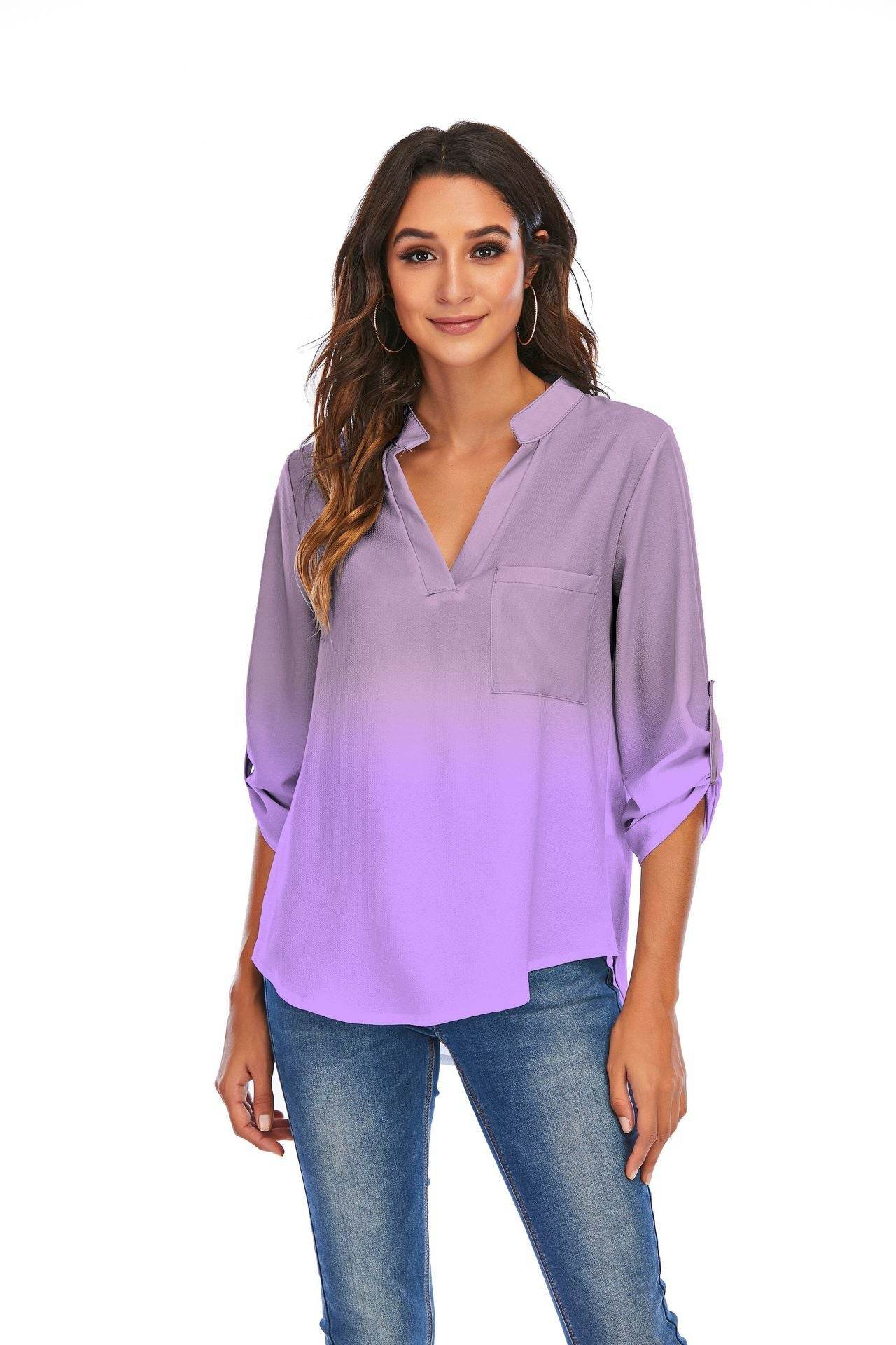 Print Gradient Blouses Women V-Neck Pockets Loose Shirts - Mubimart