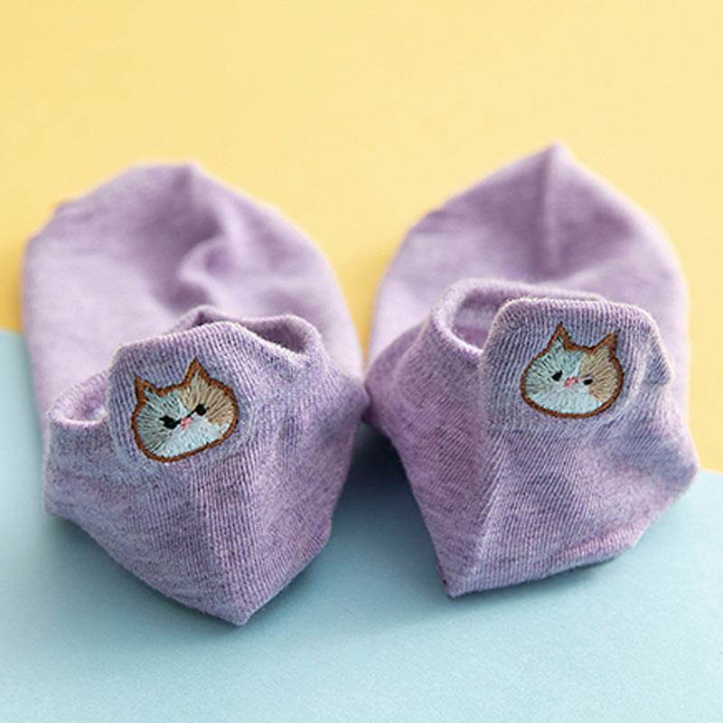 Socks Female Embroidered Cat Boat Socks Shallow Mouth Cute Low Waist - Mubimart