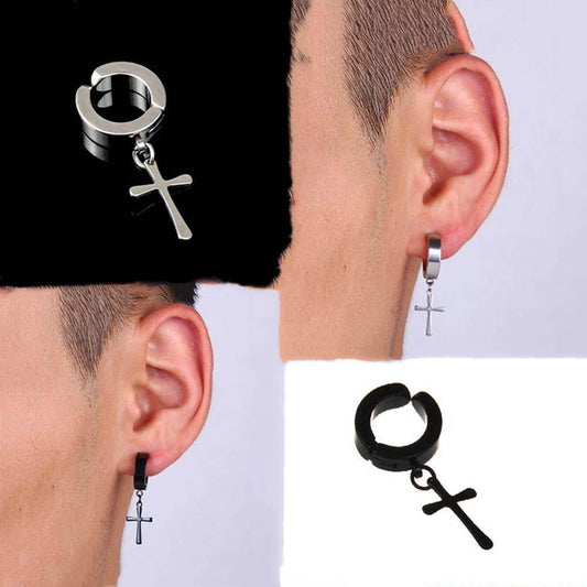 Non-Pierced Cross Zircon Magnet Titanium Steel Stud Earring For Men - Mubimart