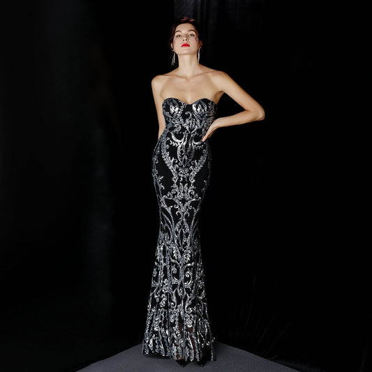 Sequined Long Dress Skirt Prom Party Etiquette Celebration Evening Dress - Mubimart