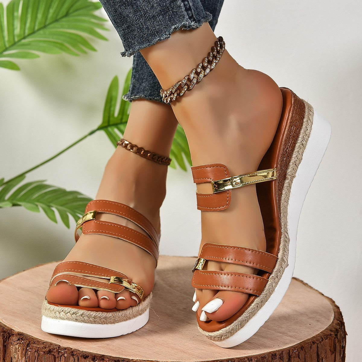 Sandalen mit Keilabsatz und Farbblock-Riemen, Sommermode, Hanf-Absatz, Pantoletten, Outdoor, dicke Sohle, Fischmaulschuhe für Damen