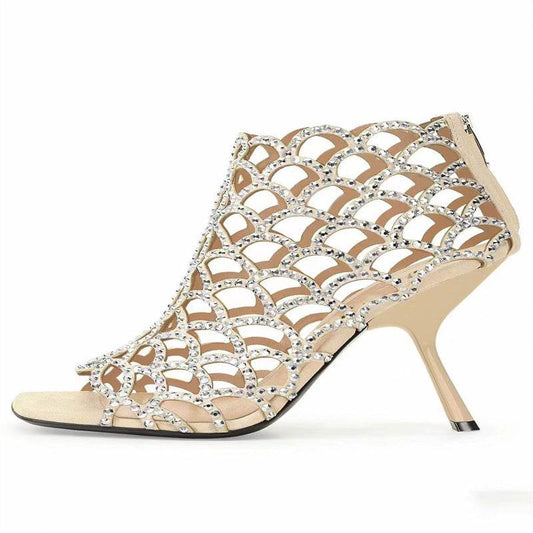Women's Peep Toe Rhinestone Hollow High Heels - Mubimart
