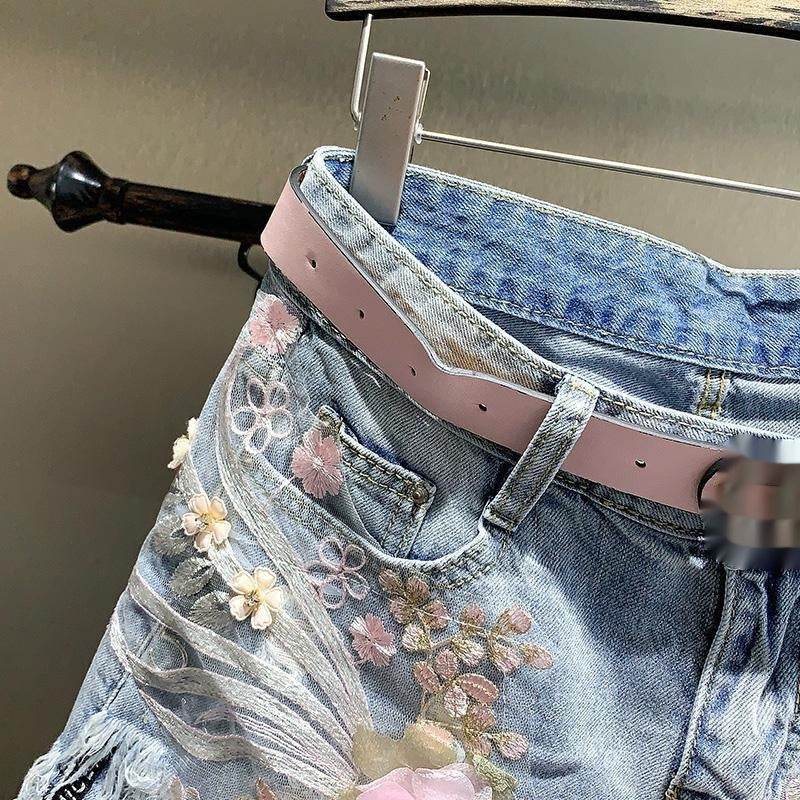 New Embroidery Beads Loose Straight Denim Shorts Women - Mubimart