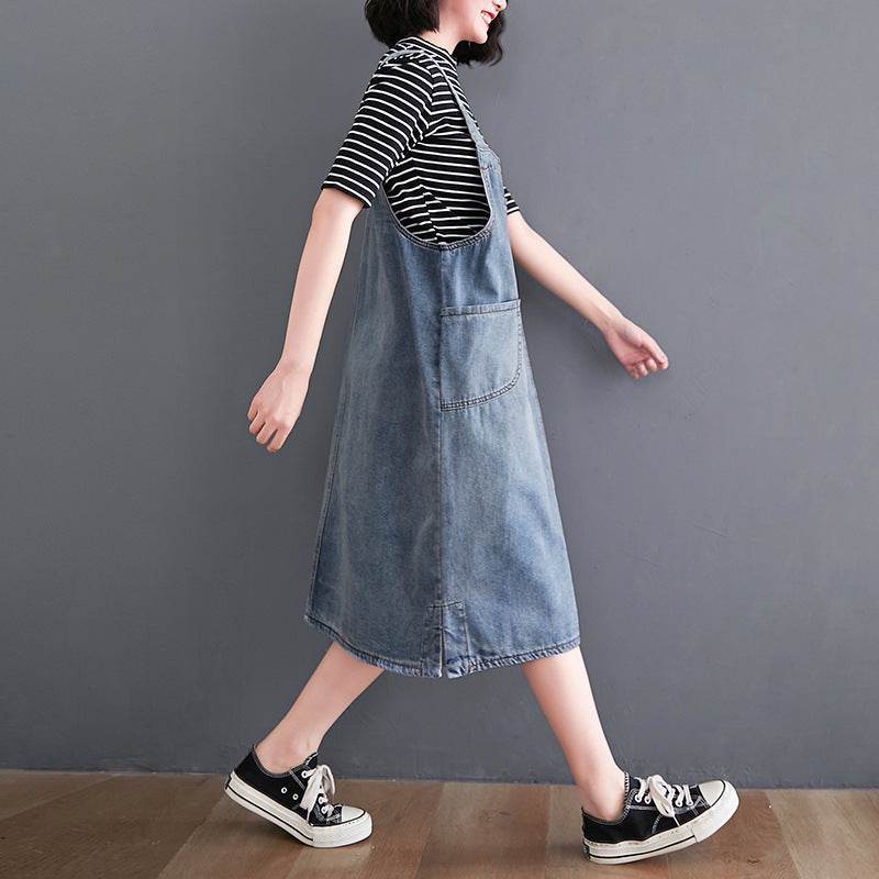 Women's New Loose Large Size Denim Suspender Dress - Mubimart