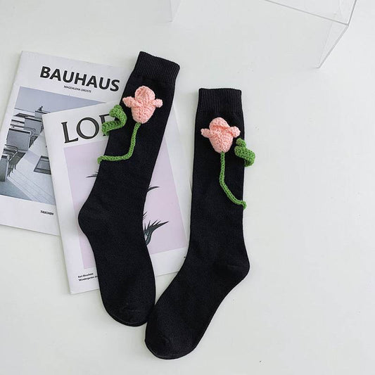 Handmade Flowers Calf Socks Women's Cotton Long Tube Internet Celebrity INS Tide High Tube JK Knee-length Calf Socks - Mubimart