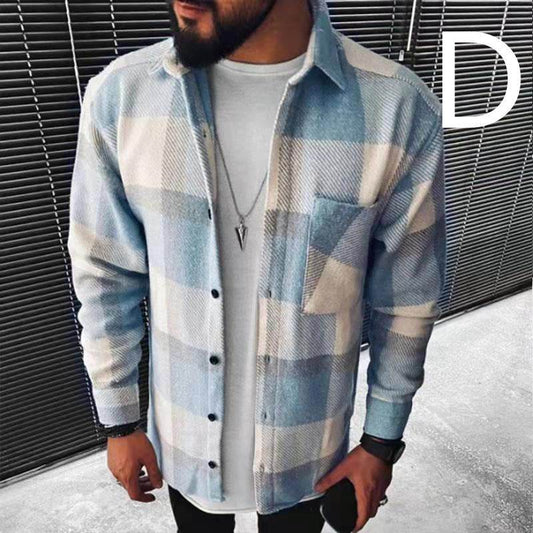 Men's Long Sleeve Plaid Shirt Jacket - Mubimart