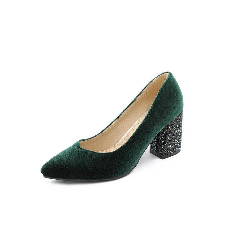 Women's Sequined Chunky High-heeled Pointed Pumps - Mubimart