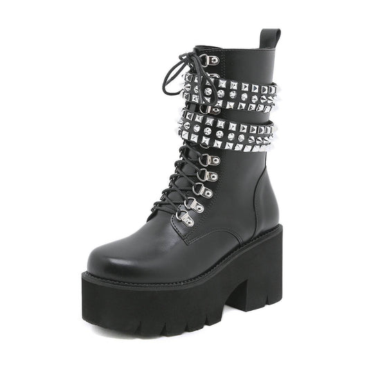 Gothic Style Fashion Rivet Mid-calf Boots For Women - Mubimart