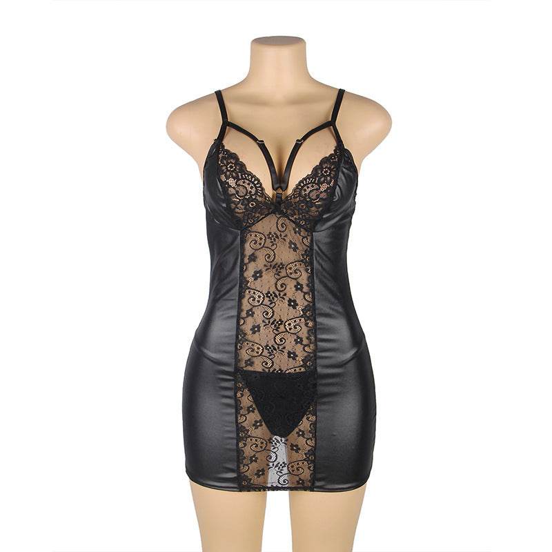 European And American Plus Size Lingerie Lace Leather Transparent Tempting Slip Nightdress - Mubimart