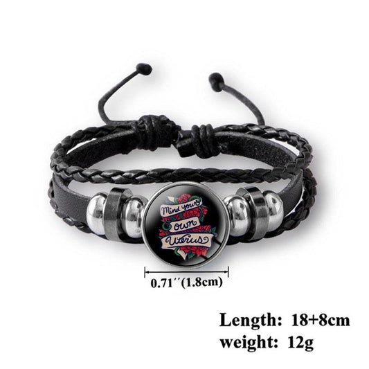 Mind Your Own Uterus Glass Snap Button Charm Bracelet Vintage Multi-layer Leather Bracelets For Women Men - Mubimart