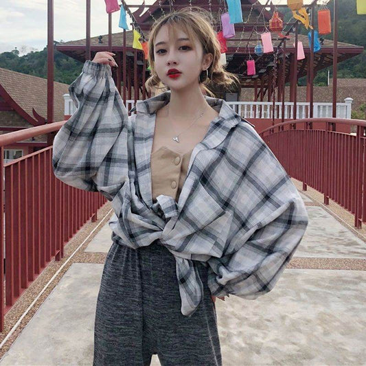 Women Blouses Shirts Plaid Oversize Thin Casual Sun-protect - Mubimart