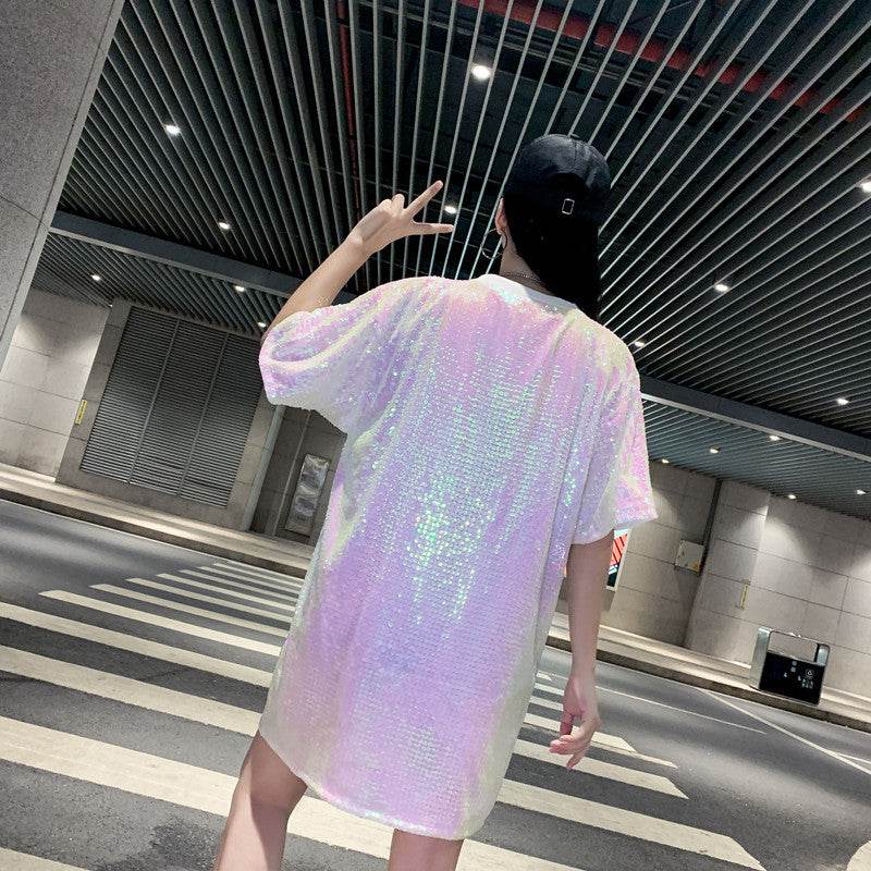 Summer New Plus Size Women's Loose Beaded Sequined T-shirt Dress - Mubimart