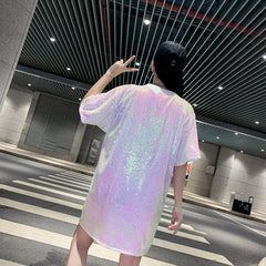 Summer New Plus Size Women's Loose Beaded Sequined T-shirt Dress - Mubimart -  