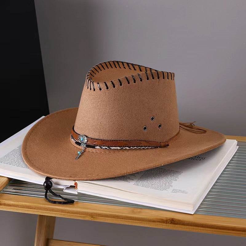 Western Cowboy Hat Men's And Women's Gem Chain Fedora Hat - Mubimart