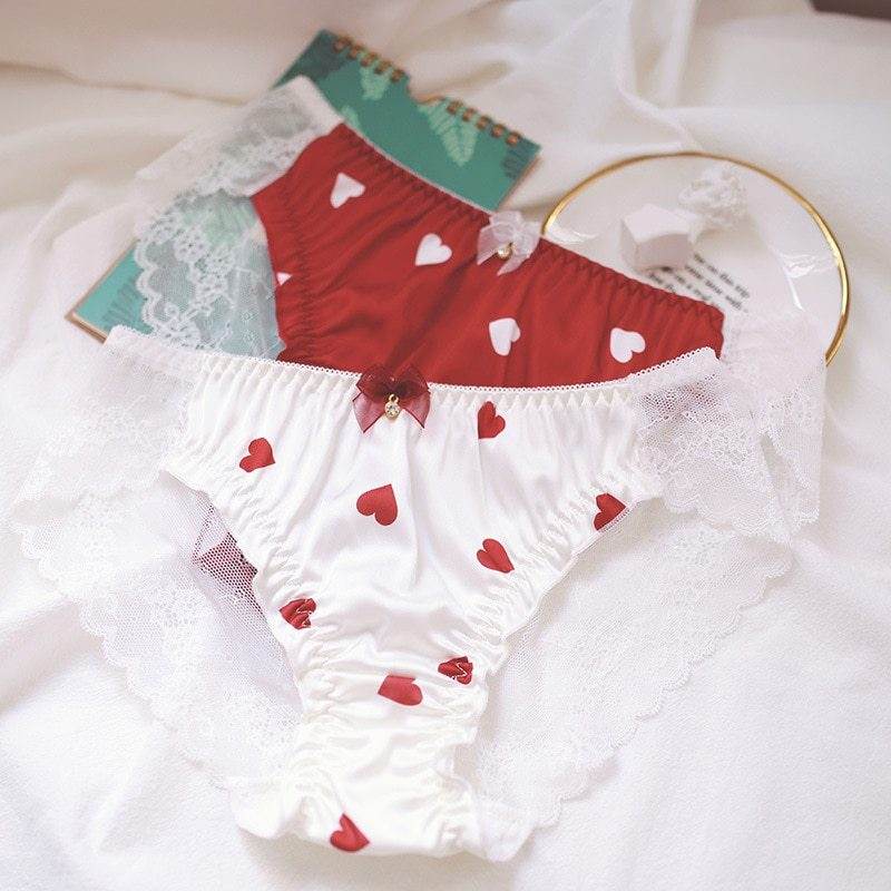 Panties For Women Lace Kawaii Sexy Lingerie Underwear Heart Print Gril Briefs Female Casual - Mubimart